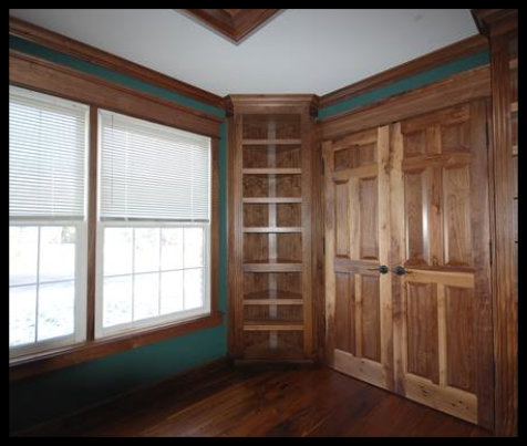 Floor-to-Ceiling Solid Walnut Corner Bookcase with 1.5-inch Reinforced Nosing, Fluted Molding, and Crown Molding - No Particle Board.