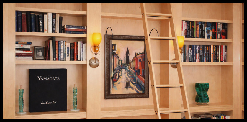Featuring a floor-to-ceiling Maple library. AI-rendered original woodwork. 