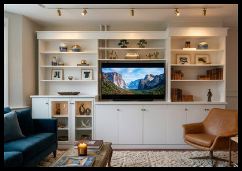 12ft white entertainment center with bi-level tops wrapping a radiator and pipes; wallpaper-backed open shelving.