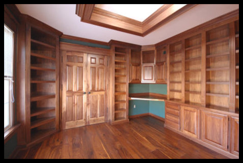 Solid Walnut Corner Bookcases and Center Cabinetry with French Doors and Crown Molding - No Particle Board.