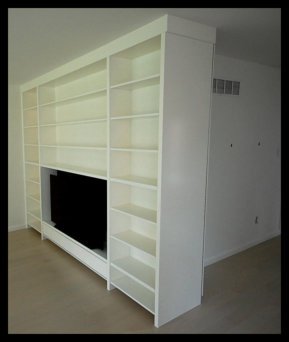 10ft white home entertainment center; 5x3 TV opening, open shelving, and custom drop-down media door; solid wood.
