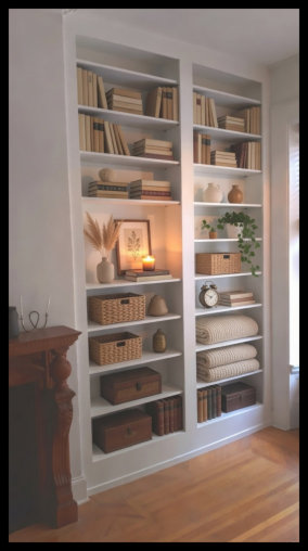 Twin 11ft tall white Maple floor-to-ceiling bookcases nestled in wall nooks with wide vertical moldings.