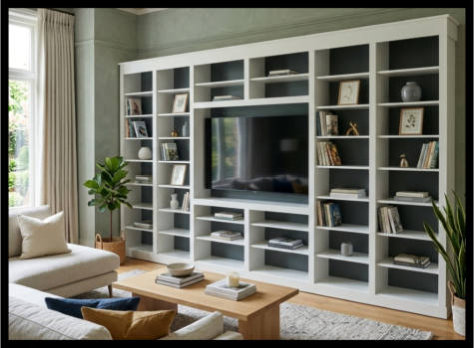 14ft portable white entertainment center; modular floor-to-ceiling cabinetry designed for easy disassembly and moving.