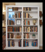 Custom 75-inch high twin white bookcase handcrafted from Maple, featuring a center divider support and solid tabletop for a coordinated home library.